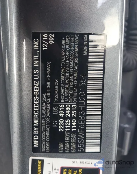 2017 Mercedes-Benz C 43 4Matic Amg из США, поврежденный, VIN 55SWF6EB3HU201554